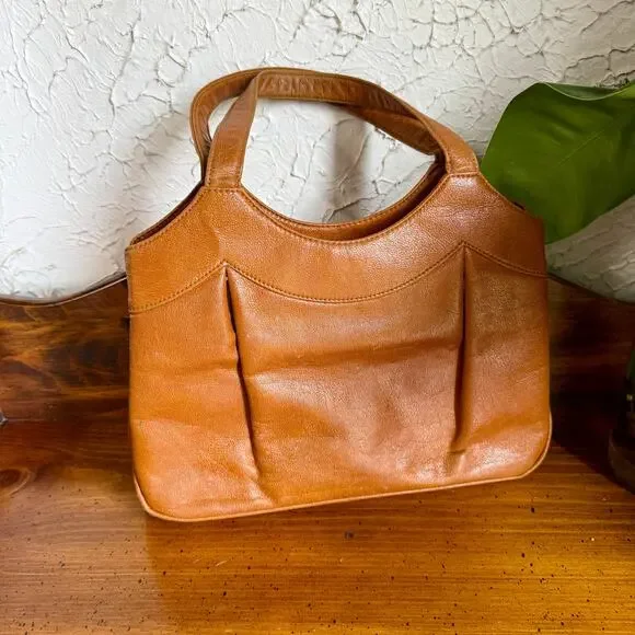 Vintage 60s 70s Tan Top Handle Handbag Structured Mod Purse Caramel Brown Frame - Picture 1 of 12
